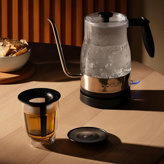 Bodum 12oz Tea Strainer w/Lid, Double Wall, High-Heat Borosilicate Glass, Black