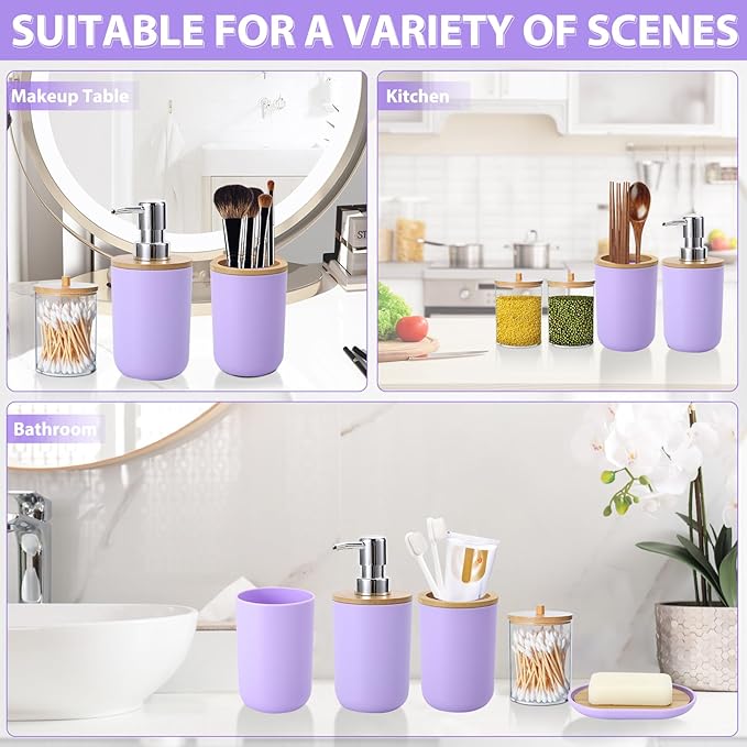 iMucci Bathroom Accessories Set 5Piece Light Purple Bathroom Sets, Toothbrush Holder, Toothbrush Cup, Lotion Soap Dispenser, Soap Dish and Qtip Holder Bathroom Decor