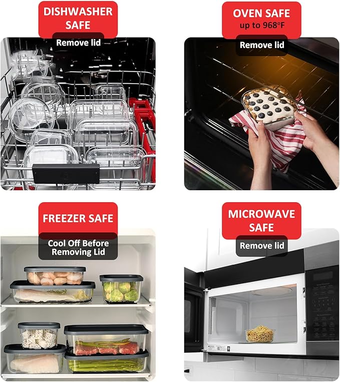 EATEX 12 Pack Glass Meal Prep Containers with Grooved Base, 12 Stackable BPA Free Glass Storage Containers with Lids for Lunch, Pantry, and Kitchen - Microwave, Dishwasher Freezer & Oven Safe - Black