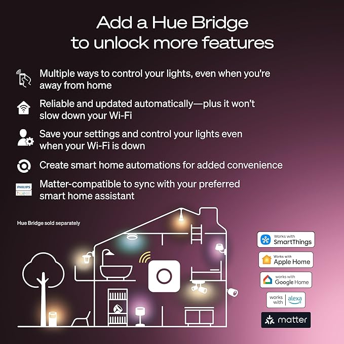 Philips Hue Smart LED A19 Bulb 4-Pack, White Color Ambiance, E26 Base, 7.2W, Full Spectrum Light 1000K-20000K, 810 Lumens, Dimmable, Works with Alexa, Google,& Apple Home