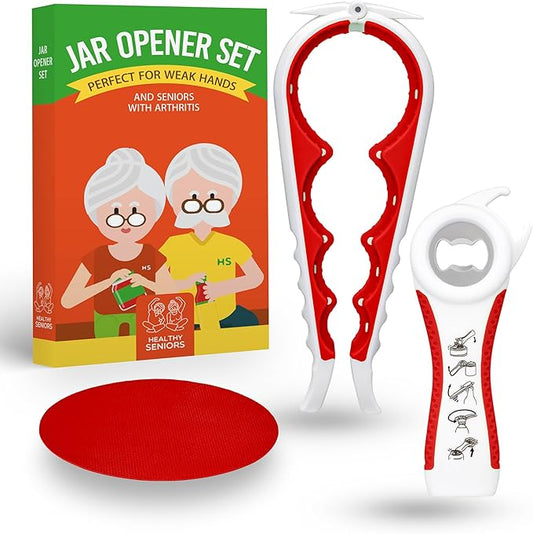 Jar Opener for Weak Hands and Seniors with Arthritis, 5 in 1 Multi Function Bottle Opener Lid Opener For Arthritic Hands with Non Slip Gripper For Opening Jars And Bottles (Red)