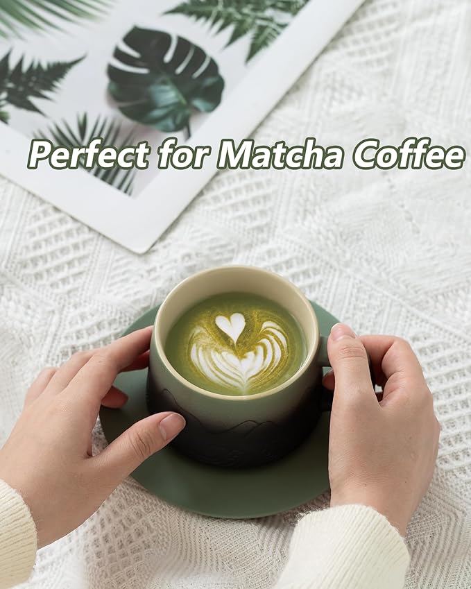 ZENS 8 Ounce Cappuccino Cups Set of 4, Embossed Artistic Cappuccino Mug with Saucers for Latte Art, Ceramic Coffee Cups for Au Lait Cafe or Matcha Tea Cup Gifts, Moss Green & Black