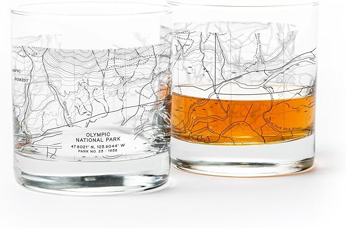 Black Lantern Whiskey Glasses - National Park Topographic Map Old Fashioned Glasses - 11oz. Rock Glass Set of 2 - Cocktail & Everyday Use Drinking Glasses - Dishwasher Safe (Olympic)