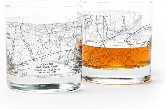 Black Lantern Whiskey Glasses - National Park Topographic Map Old Fashioned Glasses - 11oz. Rock Glass Set of 2 - Cocktail & Everyday Use Drinking Glasses - Dishwasher Safe (Olympic)