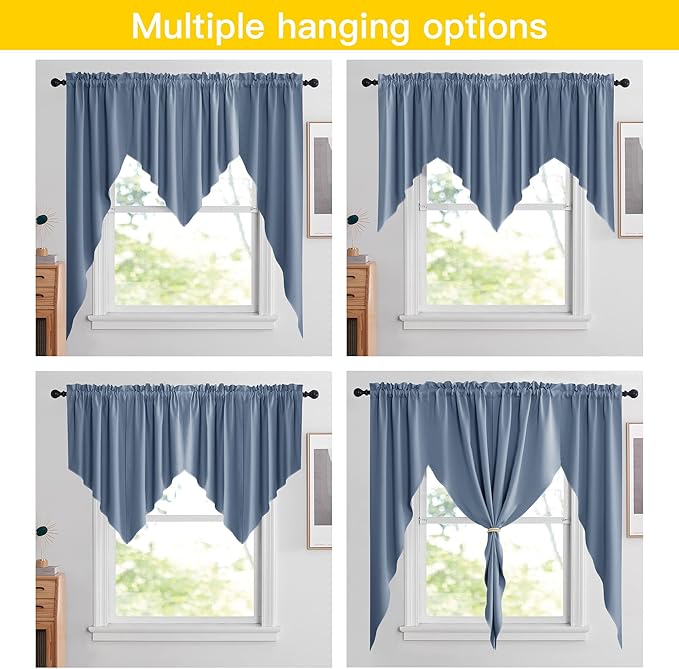NICETOWN Balckout Swag Curtain Valances for Living Room, Farmhouse Rod Pocket Energy Saving Small Window Tiers for Thanksgiving, Stone Blue, 36" Width x 63" Length Each Panel, Set of 2