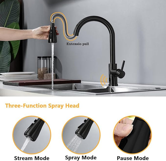 Black Touchless Infrared Sensor Kitchen Faucet with Pull Down Sprayer - Stainless Steel Single Handle Motion Sensor