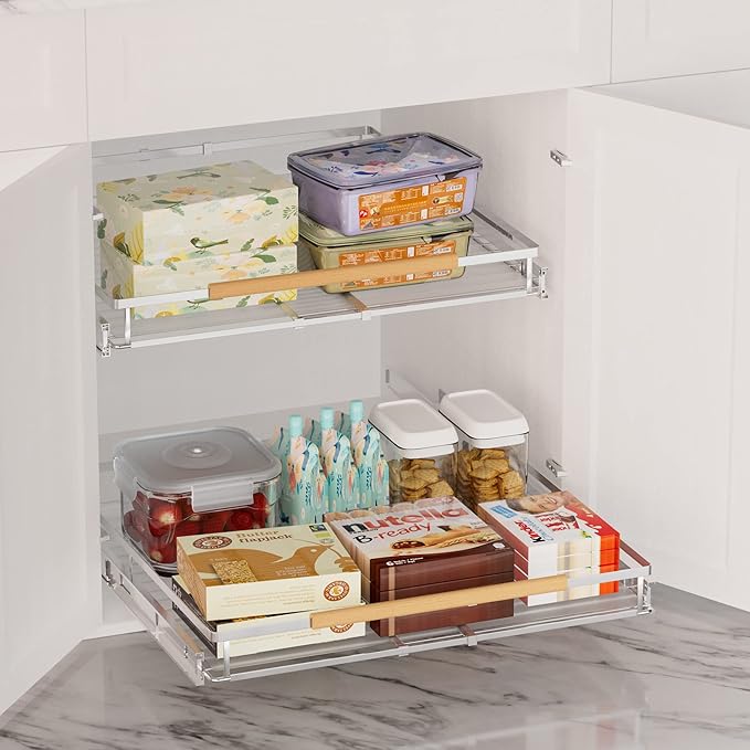 SANNO Pull Out Cabinet Organizer, Expandable Slide Out Cabinet OrganizerKitchen Sliding Shelf Under Sink Shelf, Expandable Drawer Shelves with Sliding 12.1 to 18.4" W