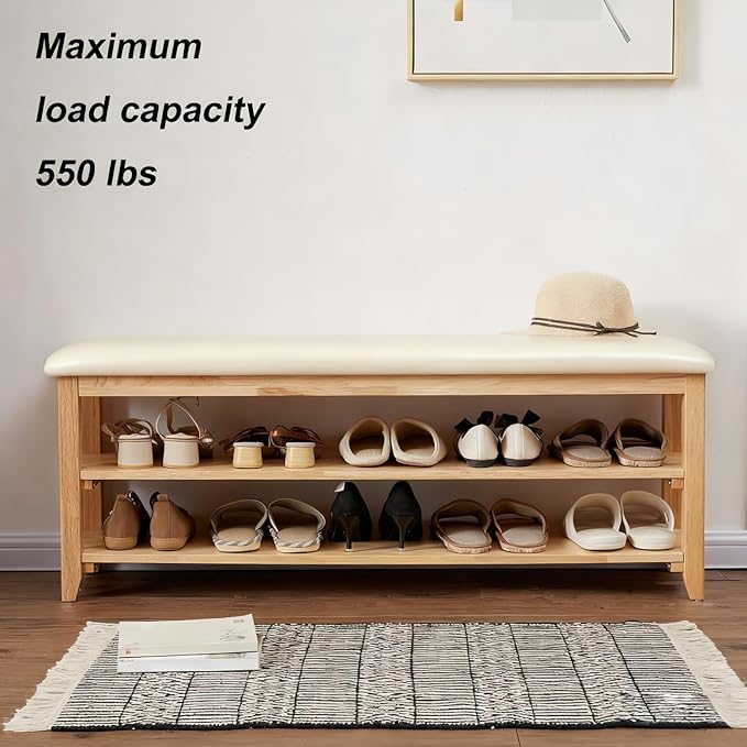 Shoe Bench Storage with Leather Cushion, Rustic Solid Wood Entryway Bench with 2 Height-Adjustable and Removable Shelves for Hallway, Living Room, Mudrooms (Natural Wood,47.2")