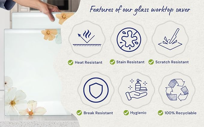Glass Cutting Board 20”x16”: Tempered Glass Kitchen Counter Protector - Durable- Scratch-Resistant, Heat-Proof - Design 5 - Floral Design