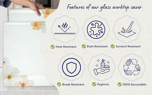 Glass Cutting Board 20”x16”: Tempered Glass Kitchen Counter Protector - Durable- Scratch-Resistant, Heat-Proof - Design 5 - Floral Design
