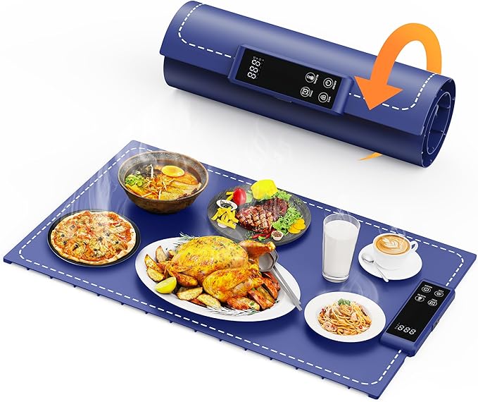 Warming Mat for Food Electric Food Warming Tray Large 24x16in Rapid Full-Surface Heating Portable & Rollable Versatile Food Warmer for Countertop Perfect for Gatherings Parties Everyday Use (Blue)