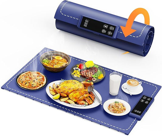 Warming Mat for Food Electric Food Warming Tray Large 24x16in Rapid Full-Surface Heating Portable & Rollable Versatile Food Warmer for Countertop Perfect for Gatherings Parties Everyday Use (Blue)