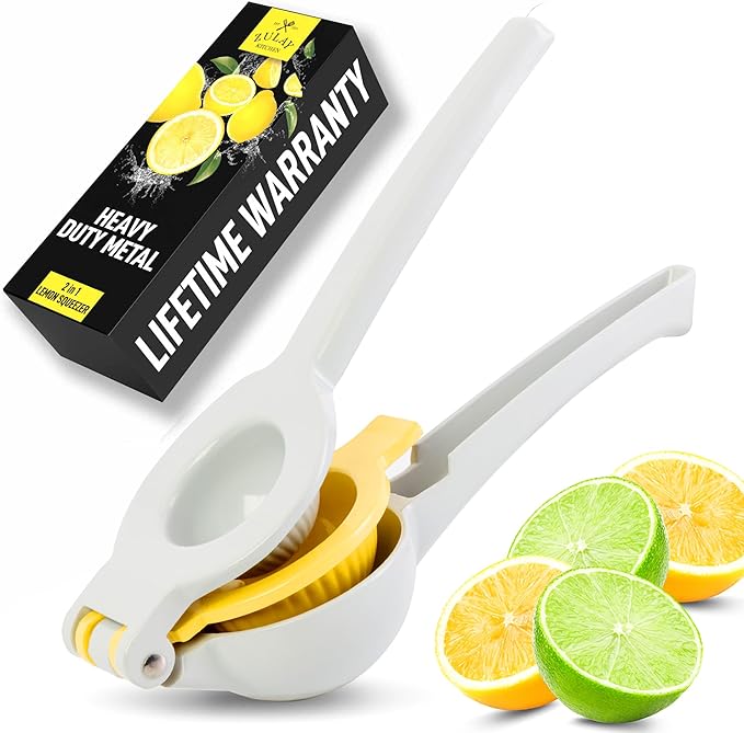 Zulay Kitchen Metal 2-in-1 Lemon Squeezer - Sturdy Max Extraction Hand Juicer Lemon Squeezer Gets Every Last Drop - Easy to Clean Manual Citrus Juicer - Easy-Use Lemon Juicer Squeezer - Gray/Yellow