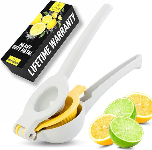 Zulay Kitchen Metal 2-in-1 Lemon Squeezer - Sturdy Max Extraction Hand Juicer Lemon Squeezer Gets Every Last Drop - Easy to Clean Manual Citrus Juicer - Easy-Use Lemon Juicer Squeezer - Gray/Yellow