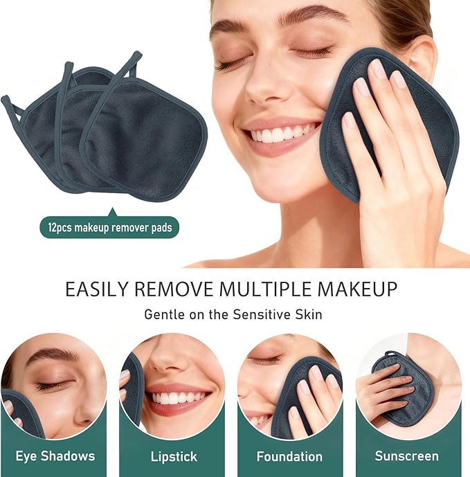 12 Pack Makeup Remover Cloth, 6" x 6" Reusable Makeup Remover Towels Face Washcloth for Washing Face, Makeup Remover Pads Cosmetic Face Wash (Grey)