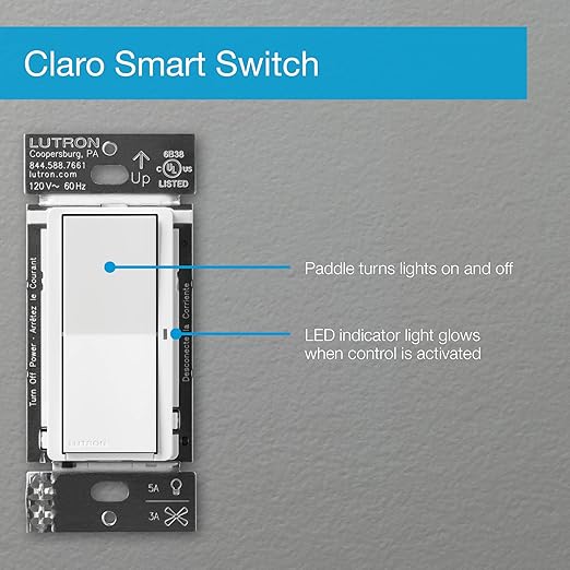 Lutron Claro Smart Light Switch for Caseta Lighting, for LED Lights, Fans, 5 Amp, Single-Pole/3-Way, Neutral Required, DVRF-5NSS-WH-2, White, 2 Pack