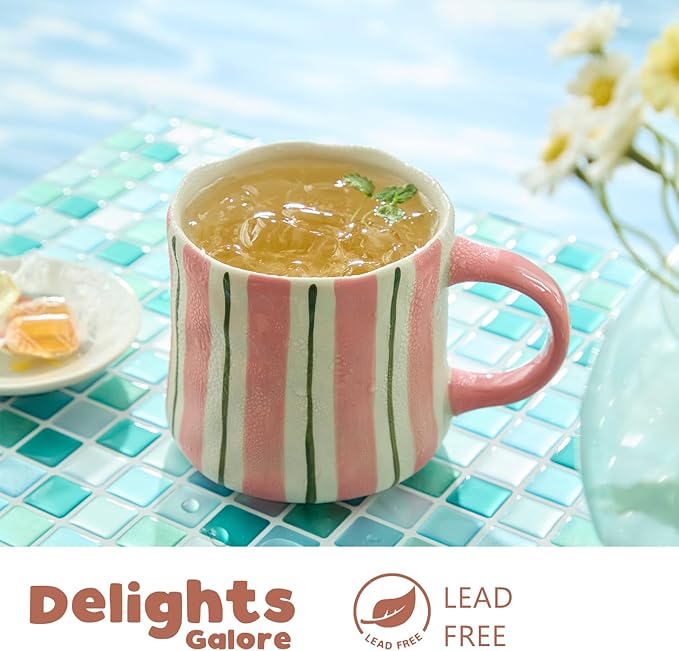 Striped Ceramic Coffee Mugs Set of 2, Pink and Green Stackable Stoneware Mugs for Morning Coffee, Tea & Cocoa, 12oz Dishwasher & Microwave Safe Mug Gift Set for Home & Office