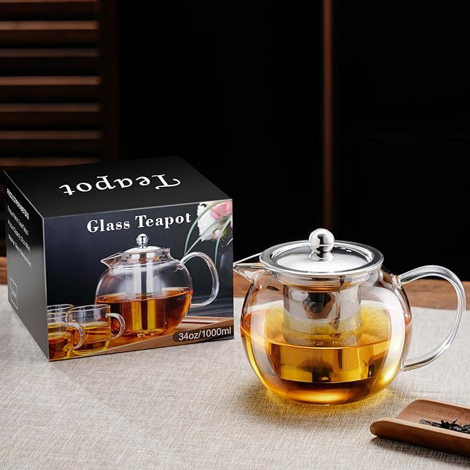 PARACITY Glass Teapot Stovetop 34OZ/1000ml, Tea pot with Removable 18/8 Stainless Steel Infuser, Borosilicate Clear Tea Kettle, Teapot Blooming and Loose Leaf Tea Maker Tea Brewer for Camping, Travel