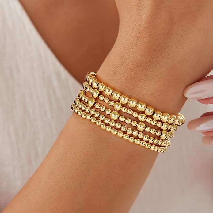 Gold Bracelets for Women, 14K Gold Plated Beaded Bracelets Gold Strand Bead Ball Bracelet Stack Set Adjustable Bracelet Set Waterproof Jewelry for Women Gifts Non Tarnish