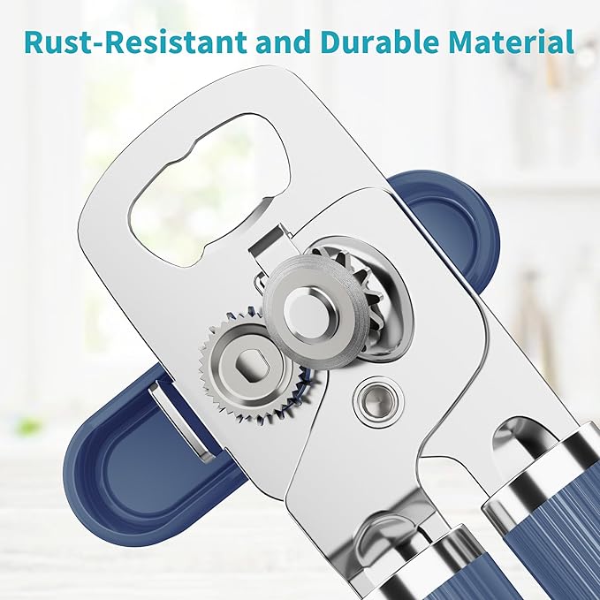 Ultrean Manual Can Opener Bottle Opener, Heavy Duty Stainless Steel Smooth Edge Manual Hand Held Can Opener With Soft Touch Handle, Rust Proof Oversized Handheld Easy Turn Knob (Navy Blue)