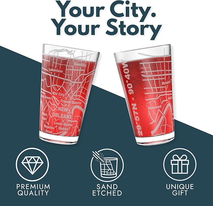 Greenline Goods – New Orleans, LA Map Pint Beer Glasses (Set of 2), 16 oz – Etched Wrap Design