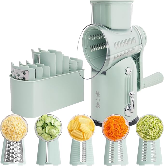 Rotary Cheese Grater Hand Crank with 5-in-1 Interchangeable Blades & Strong Suction Base Vegetables Shredder Manual Slicer for Kitchen, Green