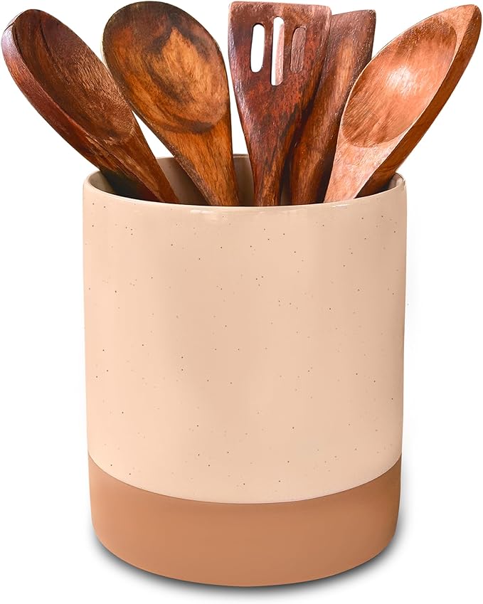 Mora Ceramic Kitchen Utensil Holder - Wooden Spoon & Spatula Crock for Countertop, Modern Farmhouse Home Decor, Extra Large 7.3" Cooking Organizer for Stove Top and Counter - Heavy & Sturdy - Chai