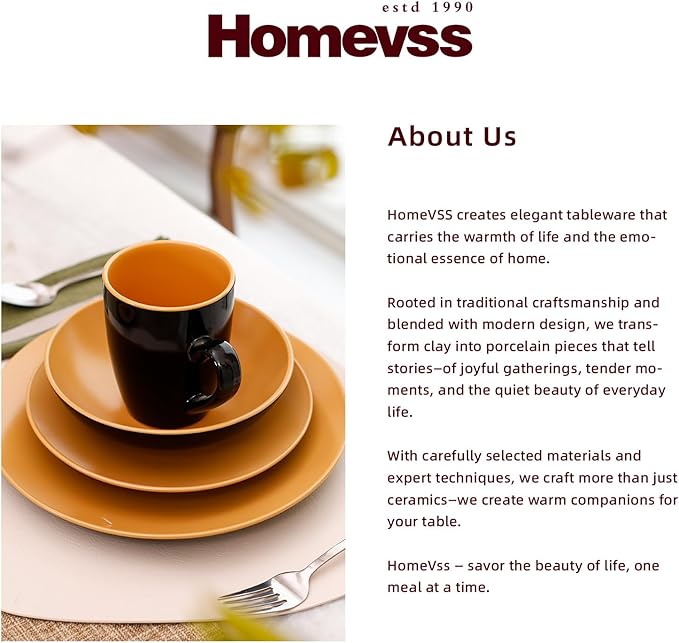 Stoneware Two-Tone Colors Life Dinner Set 12pc Set, Outside Shiny Black + Inside Matte Curry