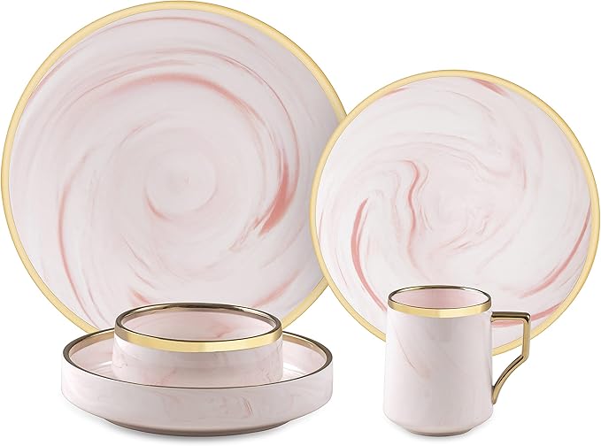 Fine China Artisan Marbled 20pc Dinner Set, Pink with Gold