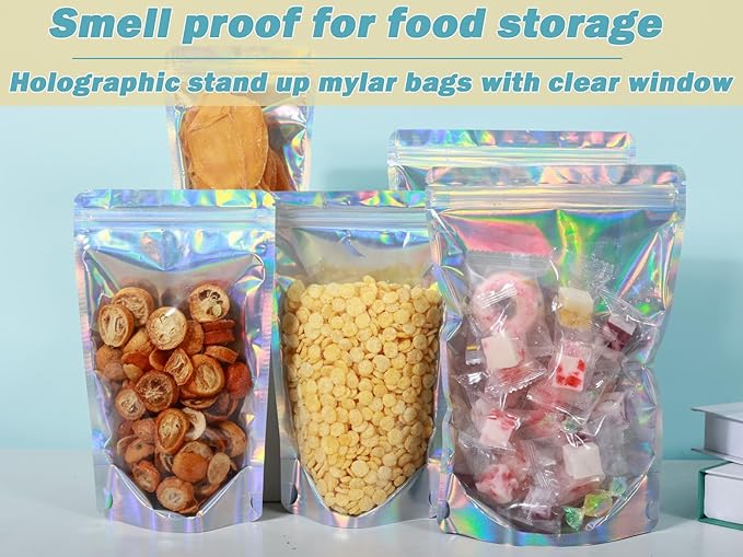 150-pack 3.9” x 5.9” Stand Up Mylar Bags with Clear Window Small Resealable Foil Pouches for Food Storage Smell Proof Edible Packaging Bag, Small Plastic Storage Bag Bulk, Holographic