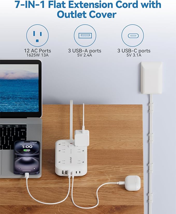 Extension Cord with Outlet Cover & Multi USB- 5 FT, Ultra Thin Outlet Concealer with Cord & 12AC Outlet 6 USB (24W/4.8A), Charging Station for Multiple Devices, for Behind Wall Furniture Couch Sofa TV