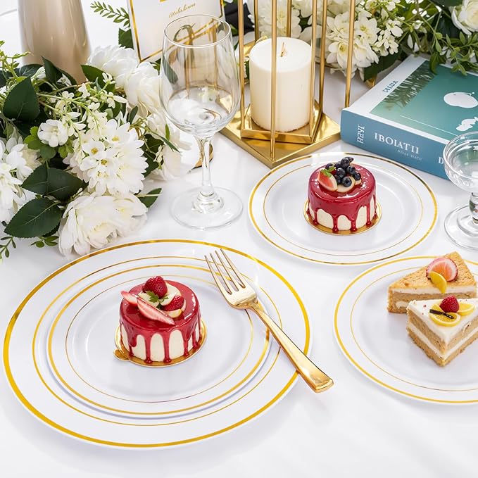 WDF 120 pieces Gold Disposable Plastic Plates - White and Gold Plates Include 10.25" Dinner Plate & 7.5" Salad Plate for Christmas/Weddings/Party