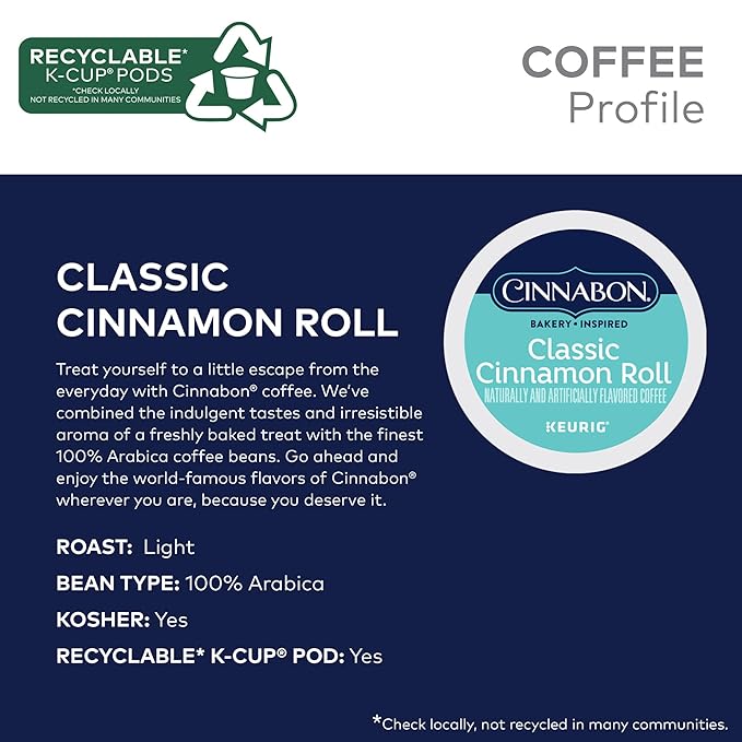 Cinnabon Classic Cinnamon Roll Coffee, Keurig Single Serve K-Cup Pods, Light Roast Coffee, 60 Count, (6 Packs of 10)
