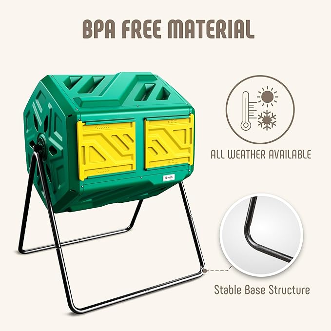 43 Gallon Compost Bin with Gloves, Fast Assembly & Easy Setup Outdoor Compost Tumbler, Updated Dual Chamber Tumbling Composter for for Garden, Kitchen, and Yard Waste, Green