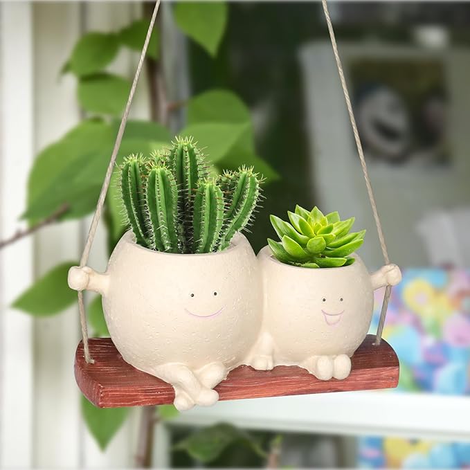 Swing Face Planter Pot Cute Hanging Double Head Flower Planters for Indoor Outdoor Plants Resin Succulent Pots for String of Pearls Plant Live Gift Ideas for Mother Teacher Christmas (Khaki)