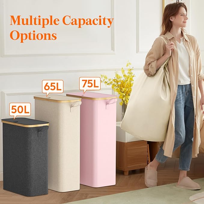 Lifewit 50L Slim Laundry Hamper with Lid, Narrow Laundry Basket with Removable Bag & Bamboo Handles, Fodable Thin Dirty Clothes Hamper for Laundry Collapsible Bin for Bathroom Bedroom Dorm, Gray