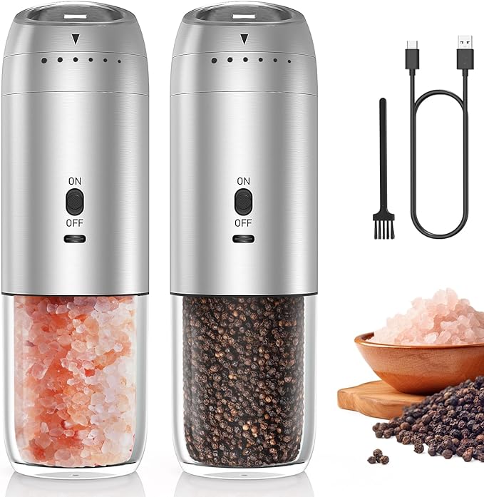Gravity Electric Salt and Pepper Grinder Set, Automatic Salt and Pepper Mill Sets with LED Light, Type C Charging, Adjustable Coarseness, Large Capacity(2 Pack Stainless Steel/Stainless Steel)