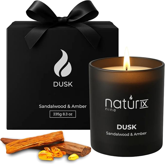 Natur IX Dusk Scented Candles for Home | Sandalwood & Amber | Natural Non Toxic Soy Candles with Essential Oils | 50 H Long Burning