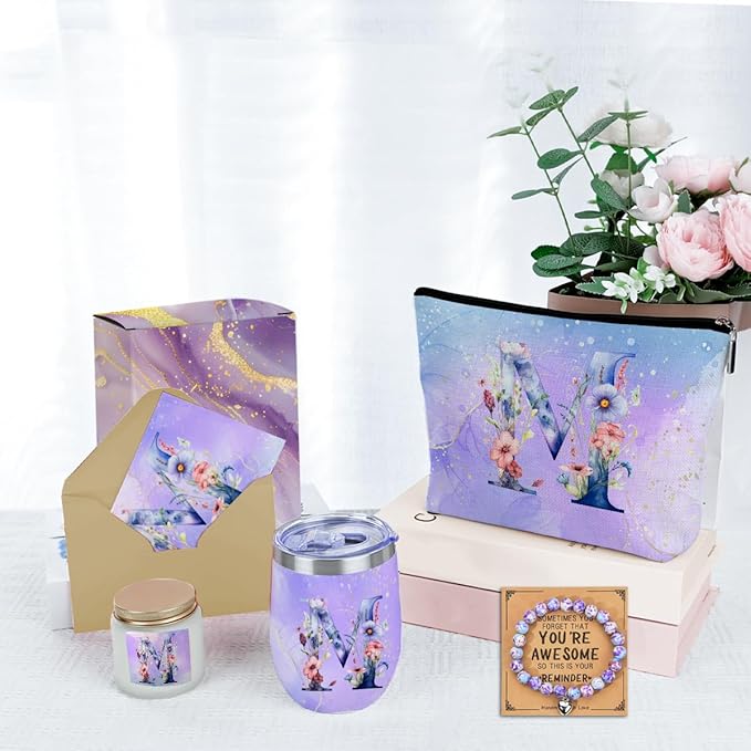 Personalized Gifts Monogrammed Birthday Gifts for Women, Her, Teacher Mother in Law Wedding Christmas Initial Wine Tumbler Makeup Bag Scented Candle Bracelet Set, (Aesthetic Purple Flower M)