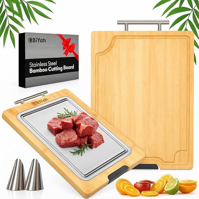 Premium 304 Stainless Steel Metal Cutting Board for Kitchen – 2 in 1 Bamboo and Steel Chopping Board for Kitchen with Juice Groove for Cutting Meat, Vegetables and Fruits - Easy Clean - 17.1”x12”