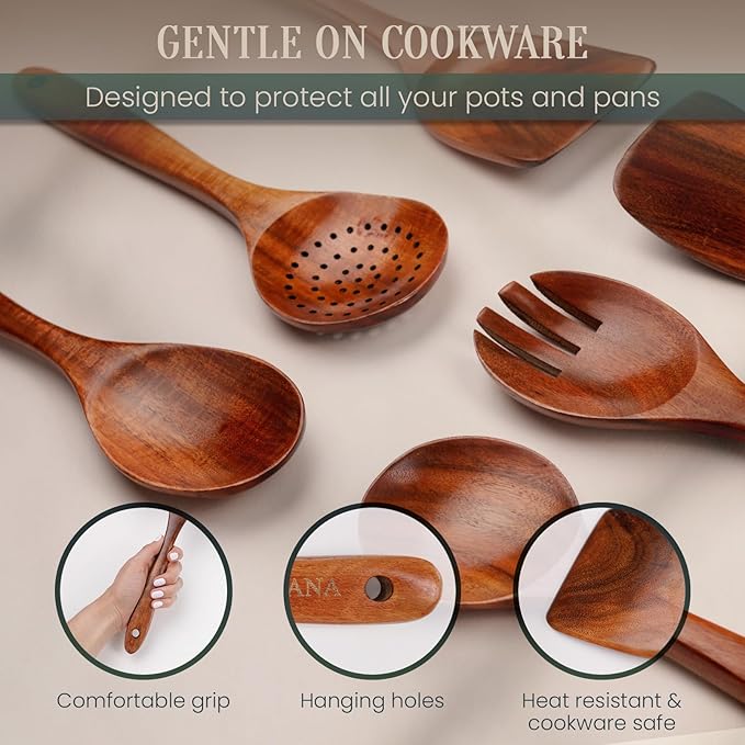 6-Piece Teak Wood Utensil Set – Durable Natural Teak with Smooth, Sealed Finish – Gentle on Non-Stick Cookware for Everyday Stirring, Mixing, Serving and Cooking
