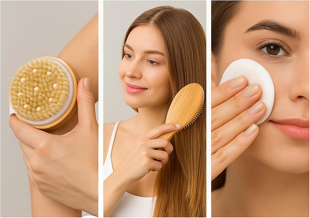 Eco-Friendly Bamboo Personal Care Set – Hair Brush, Massage Brush, Facial Brush, Toothbrush, Reusable Cotton Pads & Storage Bags – Sustainable Zero Waste Gift for Women & Men