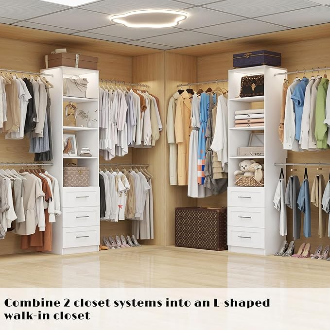 Closet System with Drawers, 5FT-8FT Custom Closet Organizer System 99" Walk in Wood Closet Storage System with 4 Expandable Hanging Rods Wall Mount White