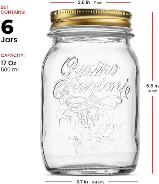 Bormioli Rocco Quattro Stagioni 17 oz Glass Preserving Jar (Set of 6) - Wide‑Mouth Twist‑Top Canister with Airtight Seal - Bee embossed Storage & Serving Vessel - Made in Italy, BPA‑Free