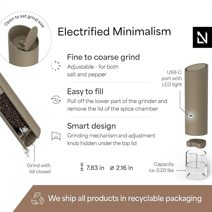 LARS NYSØM Gravity Grinder - Electric Salt & Pepper Grinder Set - USB-C Rechargeable Automatic Spice Grinder, Adjustable Coarseness, One-Handed Operation for Kitchen (Taupe Brown)