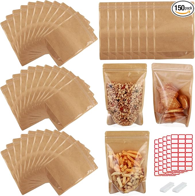 150-pack 4.7” x 7.9” Stand Up Kraft Paper Mylar Bags with Clear Window Resealable Foil Pouches for Food Storage Smell Proof Edible Packaging Bag for Small Business, Bulk