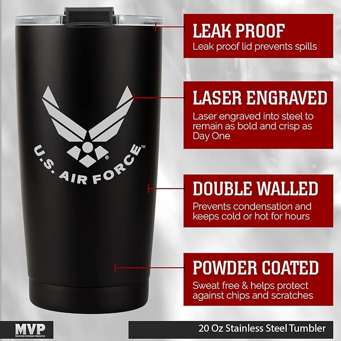 Military Gift Shop 20oz Air Force Tumbler, Double-Walled Insulated Steel USAF Coffee Mug with Lid | Air Force Gifts | USAF 20oz Tumbler