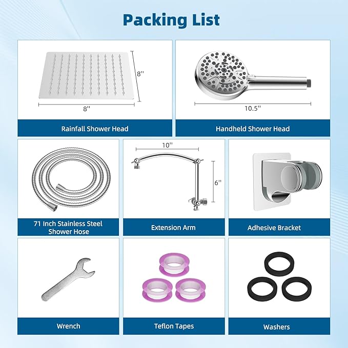 Hibbent All Metal Shower Head, 8'' High Pressure Rain Shower Head/Handheld Showerhead Combo with 16'' Adjustable Arc-shaped Extension Arm, 10 Sprays, 71'' Hose, Adhesive Showerhead Holder, Chrome