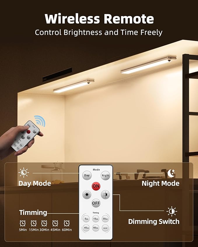 EZVALO Under Cabinet Lights,66 LEDs Motion Sensor Night Light, 3200 mAh Closet Lights 3500K with Remote Control Under Counter Lights for Kitchen,Cabinet,Bedroom(2 Pack)