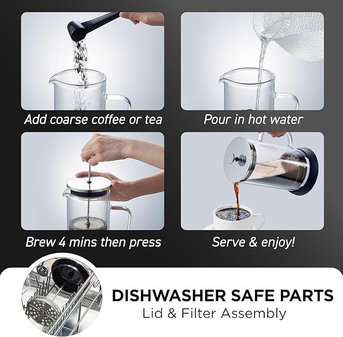Elite Gourmet FP1223 1 Liter French Press Coffee Maker, Double Wall Insulated Borosilicate Glass Carafe, Dishwasher Safe Stainless Steel Filter/Plunger Assembly, Removable Silicone Base, Easy to Clean